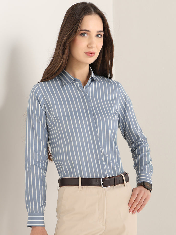 Hancock Women Steel Blue Striped Pure Cotton Regular Fit Formal Shirt