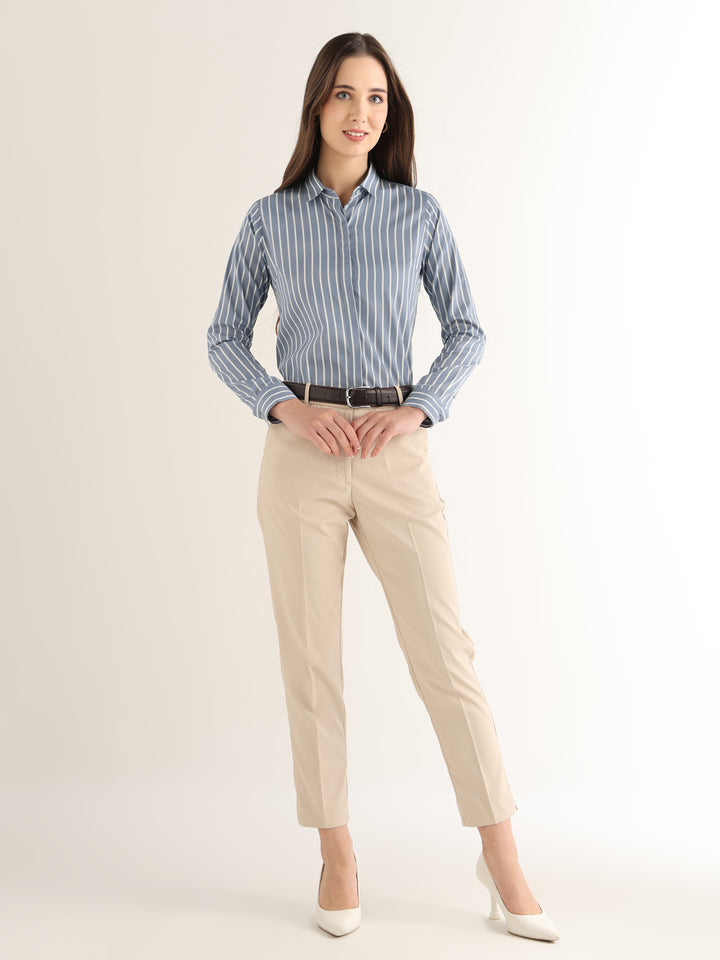 Hancock Women Steel Blue Striped Pure Cotton Regular Fit Formal Shirt