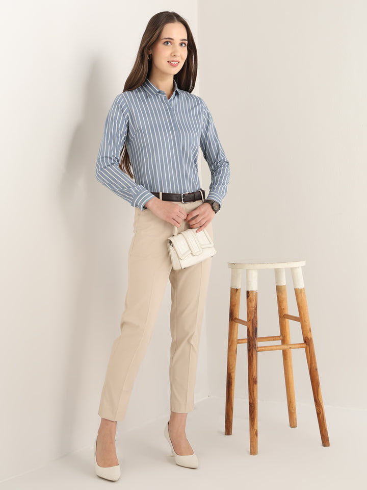 Hancock Women Steel Blue Striped Pure Cotton Regular Fit Formal Shirt