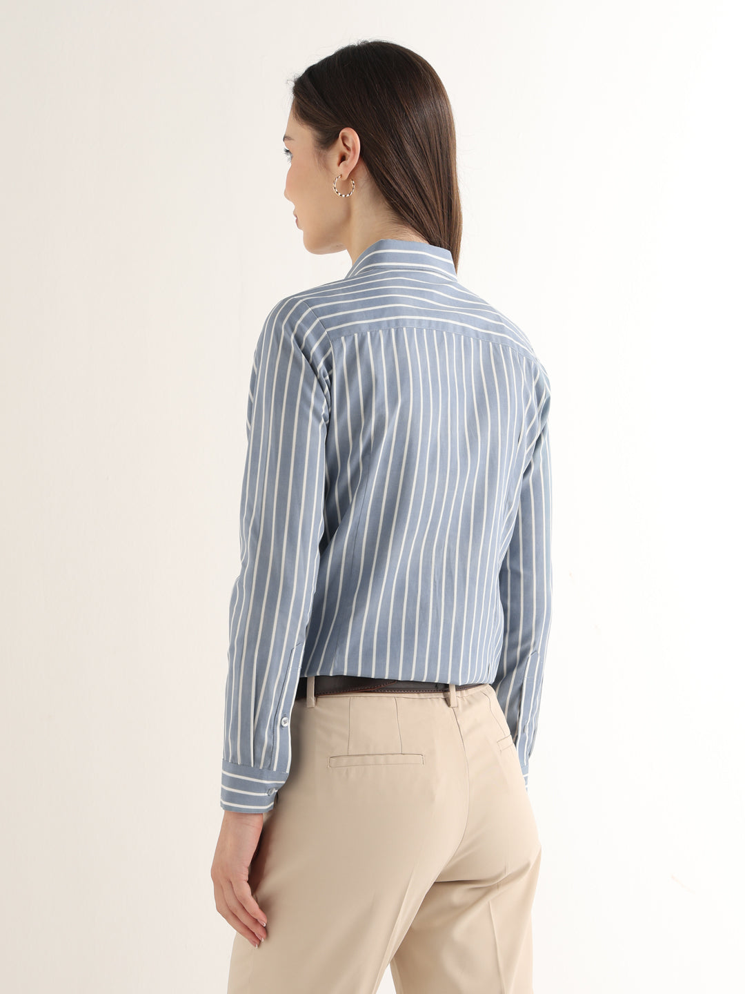 Hancock Women Steel Blue Striped Pure Cotton Regular Fit Formal Shirt