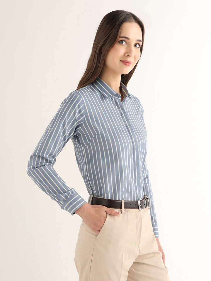 Hancock Women Steel Blue Striped Pure Cotton Regular Fit Formal Shirt
