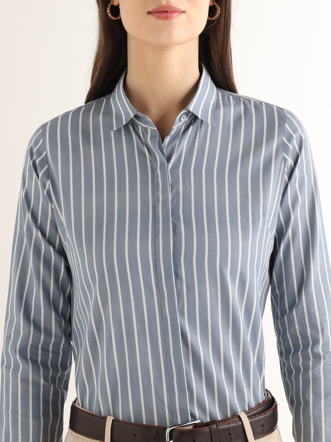 Hancock Women Steel Blue Striped Pure Cotton Regular Fit Formal Shirt