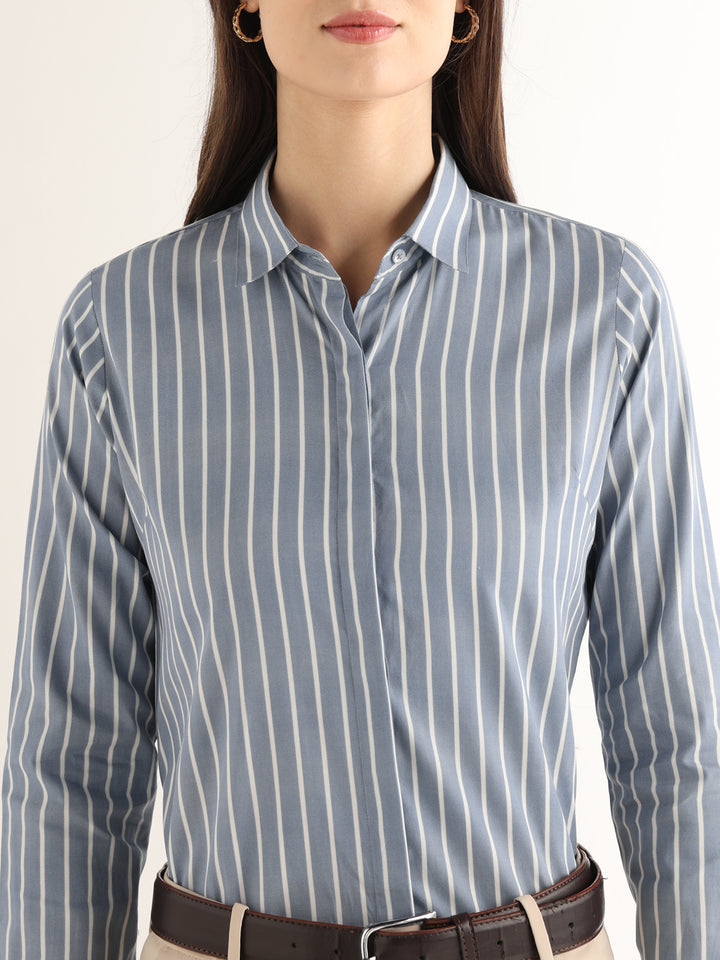 Hancock Women Steel Blue Striped Pure Cotton Regular Fit Formal Shirt