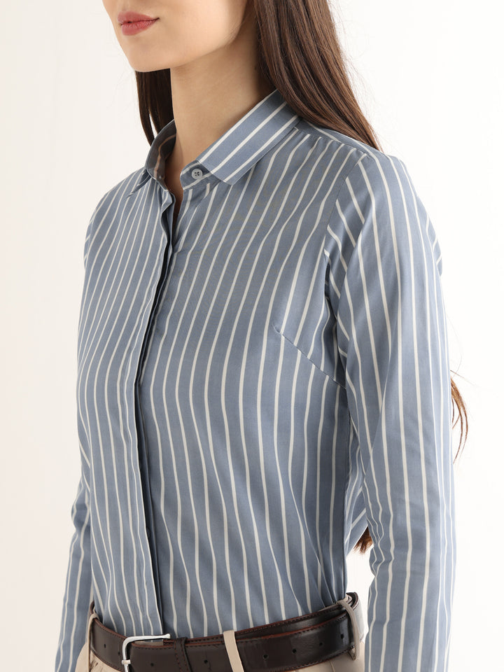 Hancock Women Steel Blue Striped Pure Cotton Regular Fit Formal Shirt
