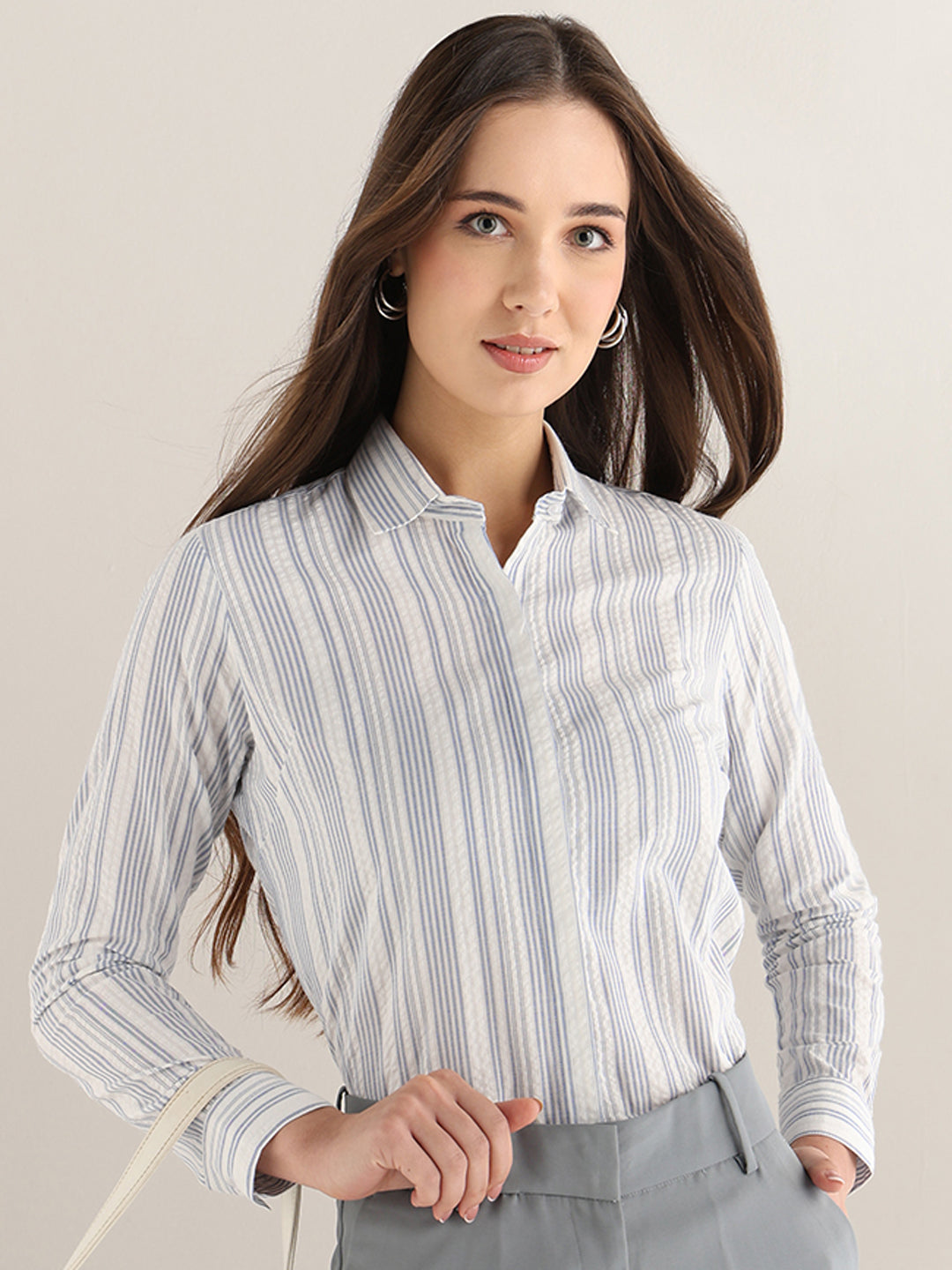Hancock Women White & Blue Striped Pure Cotton Regular Fit Formal Shirt
