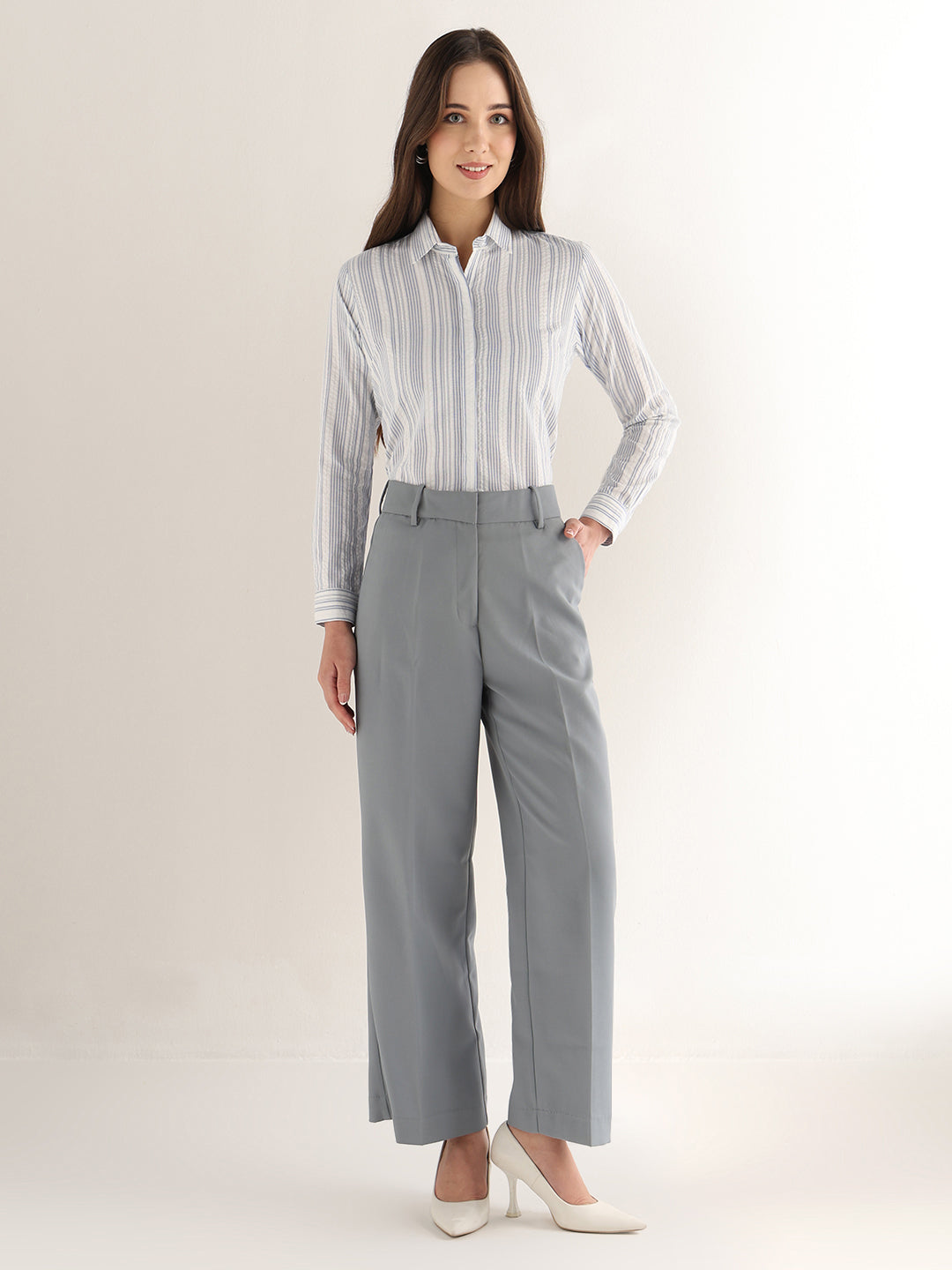 Hancock Women White & Blue Striped Pure Cotton Regular Fit Formal Shirt