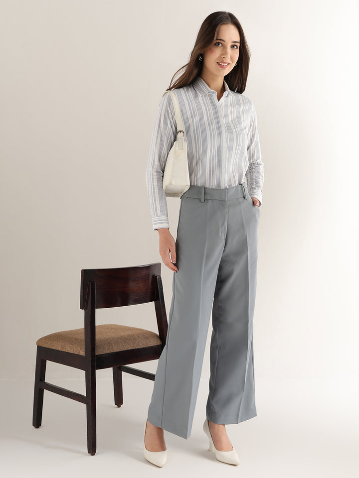 Hancock Women White & Blue Striped Pure Cotton Regular Fit Formal Shirt