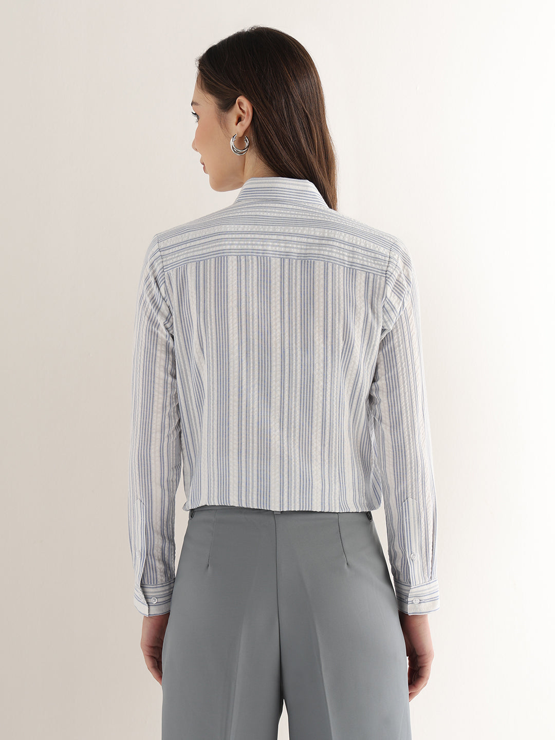 Hancock Women White & Blue Striped Pure Cotton Regular Fit Formal Shirt
