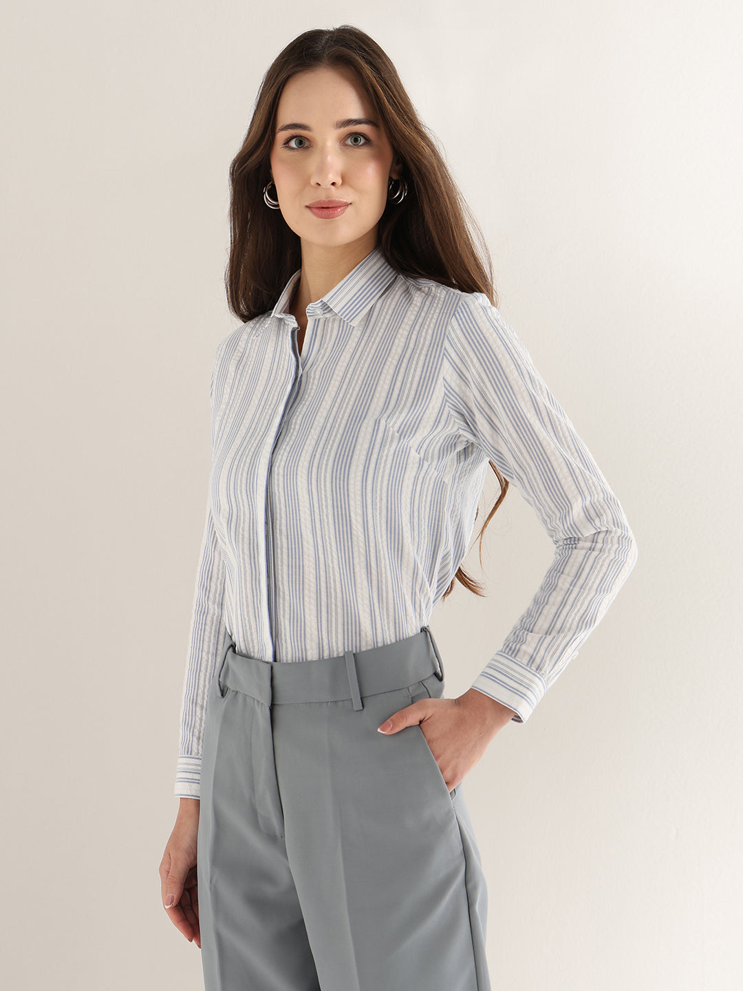 Hancock Women White & Blue Striped Pure Cotton Regular Fit Formal Shirt
