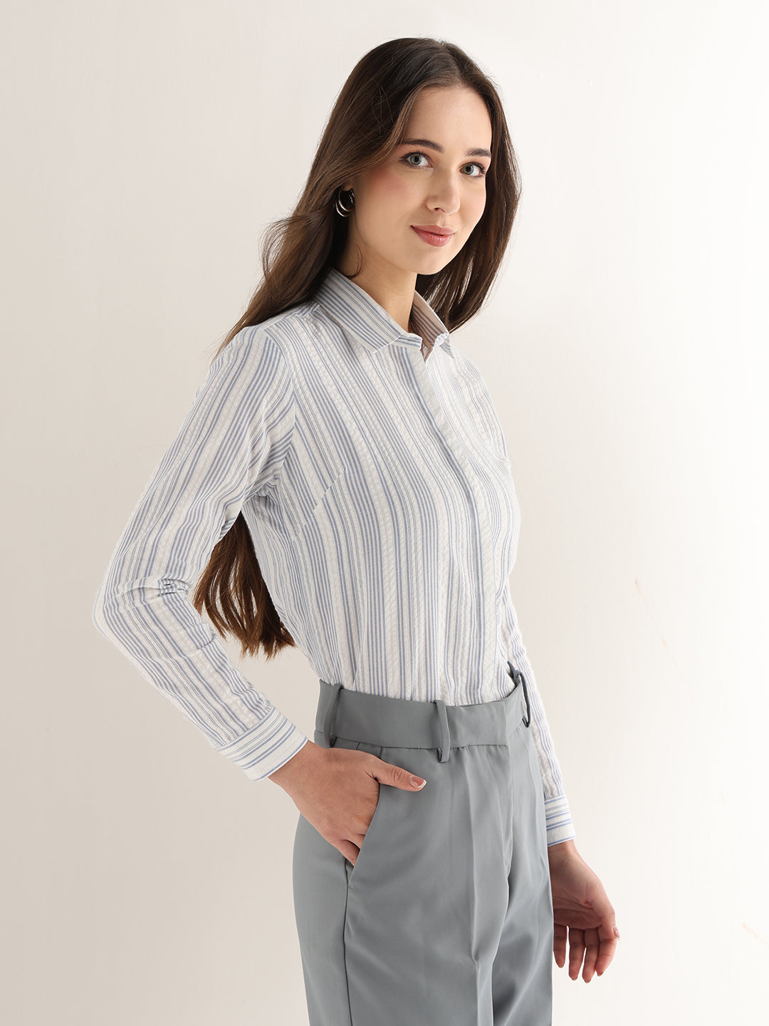 Hancock Women White & Blue Striped Pure Cotton Regular Fit Formal Shirt