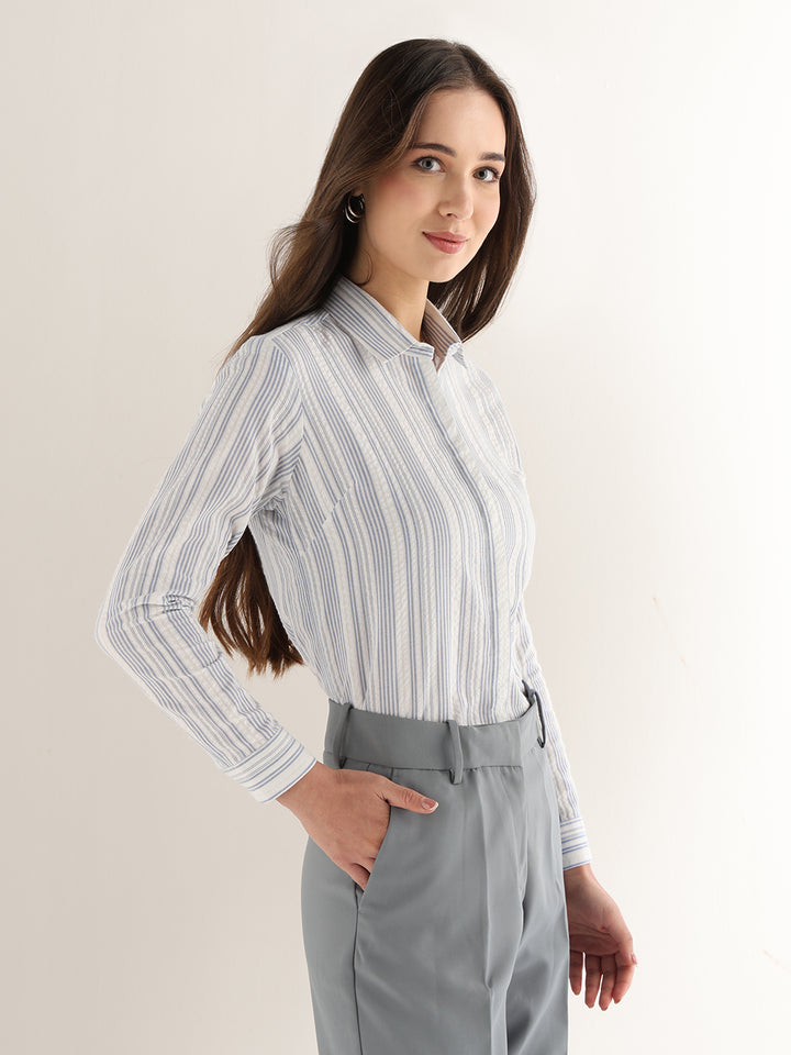 Hancock Women White & Blue Striped Pure Cotton Regular Fit Formal Shirt