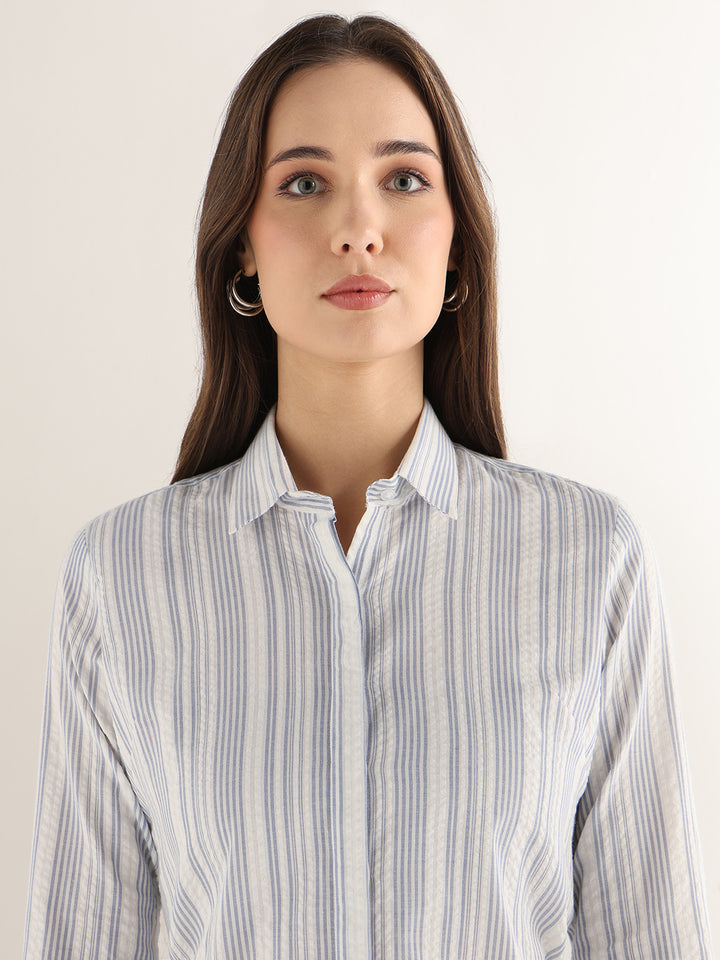Hancock Women White & Blue Striped Pure Cotton Regular Fit Formal Shirt
