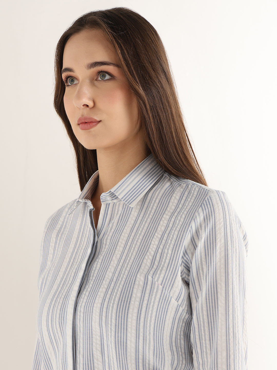 Hancock Women White & Blue Striped Pure Cotton Regular Fit Formal Shirt