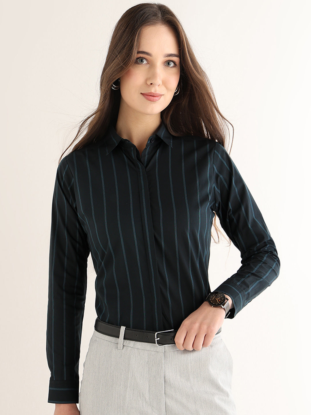 Hancock Women Navy Blue Striped Cotton Elastane Regular Fit Formal Shirt