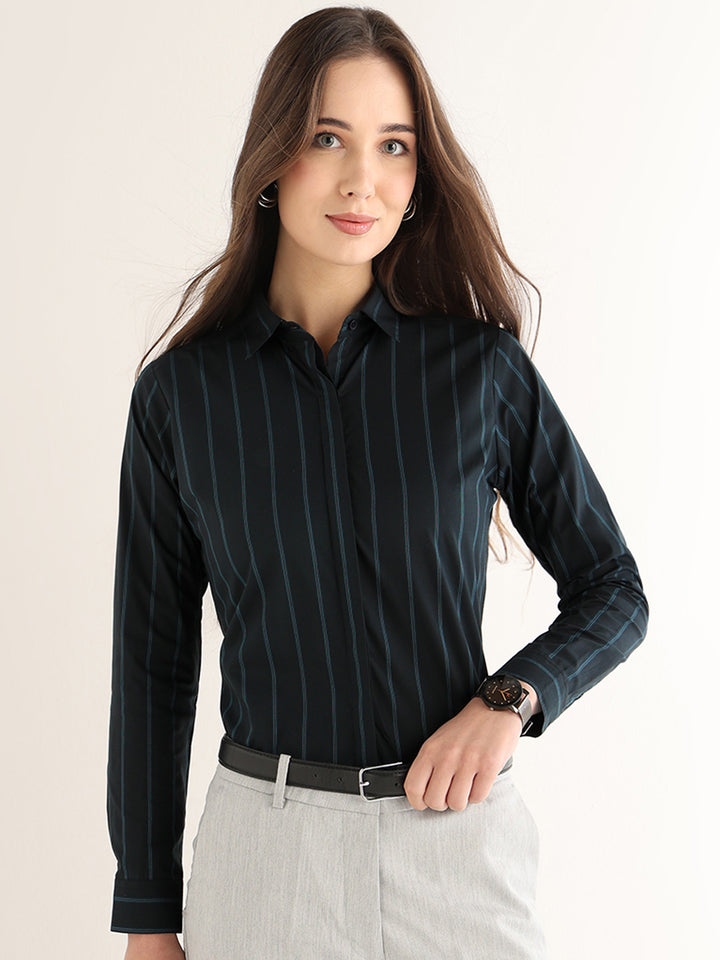 Hancock Women Navy Blue Striped Cotton Elastane Regular Fit Formal Shirt