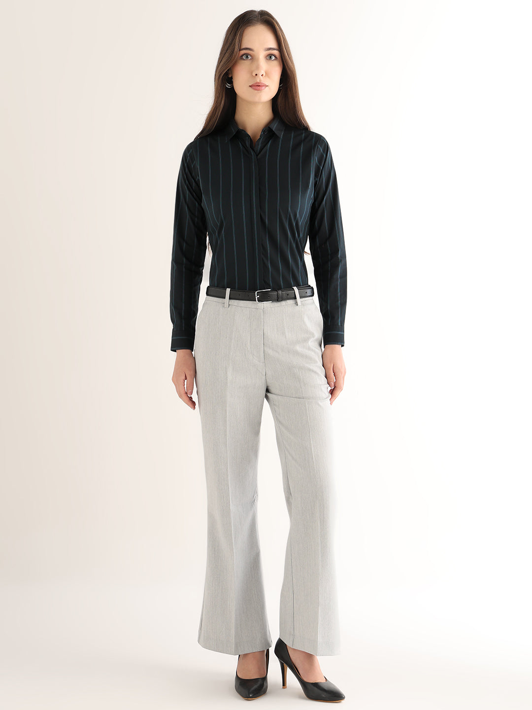 Hancock Women Navy Blue Striped Cotton Elastane Regular Fit Formal Shirt