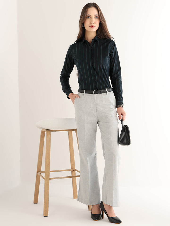 Hancock Women Navy Blue Striped Cotton Elastane Regular Fit Formal Shirt