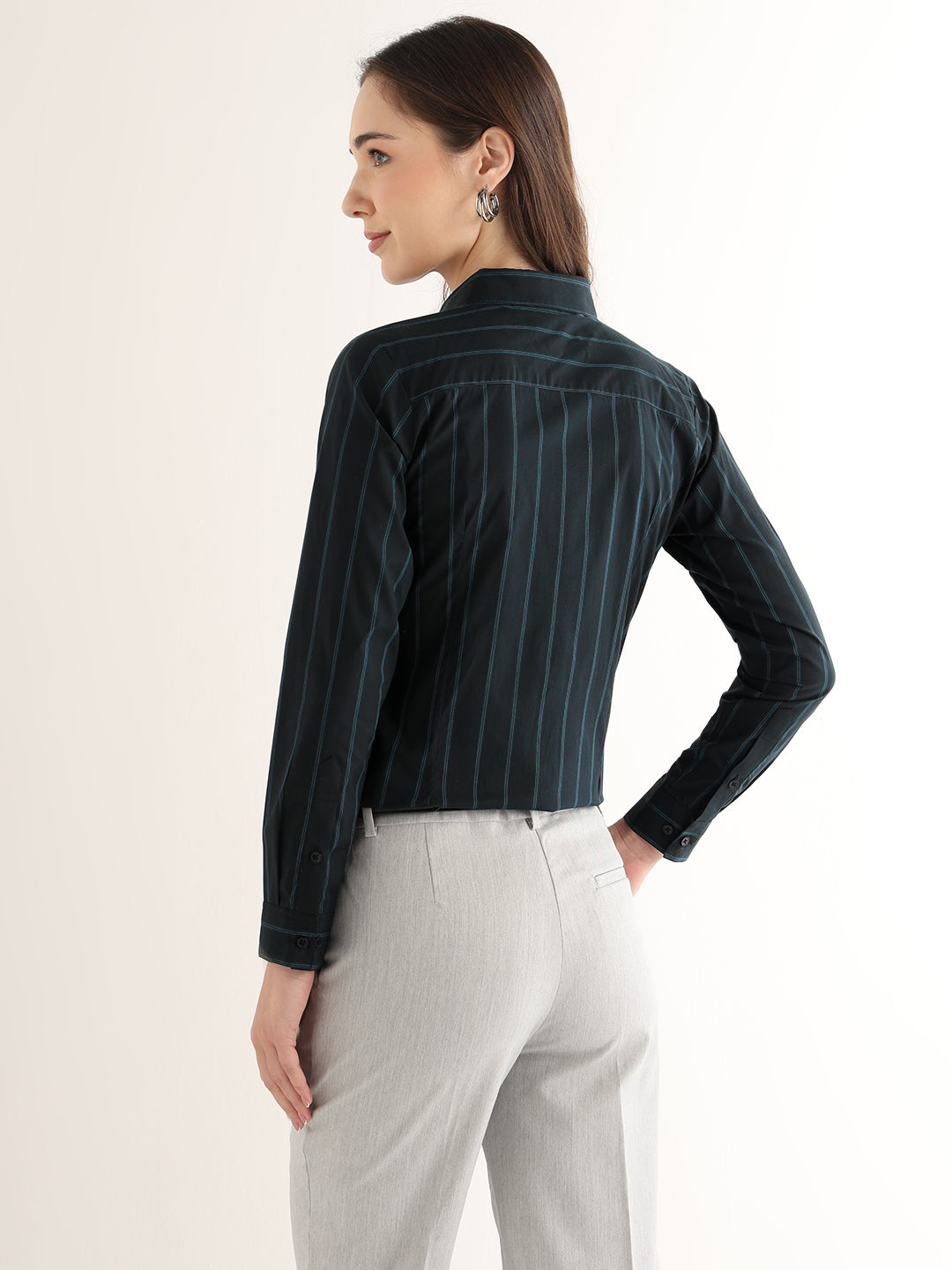 Hancock Women Navy Blue Striped Cotton Elastane Regular Fit Formal Shirt