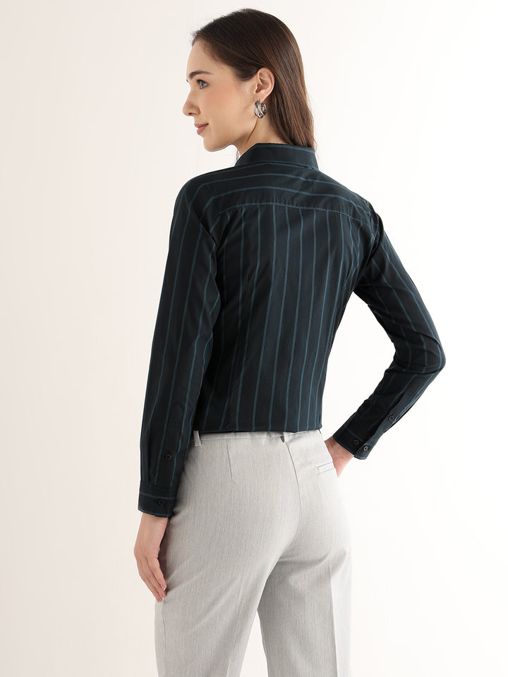 Hancock Women Navy Blue Striped Cotton Elastane Regular Fit Formal Shirt