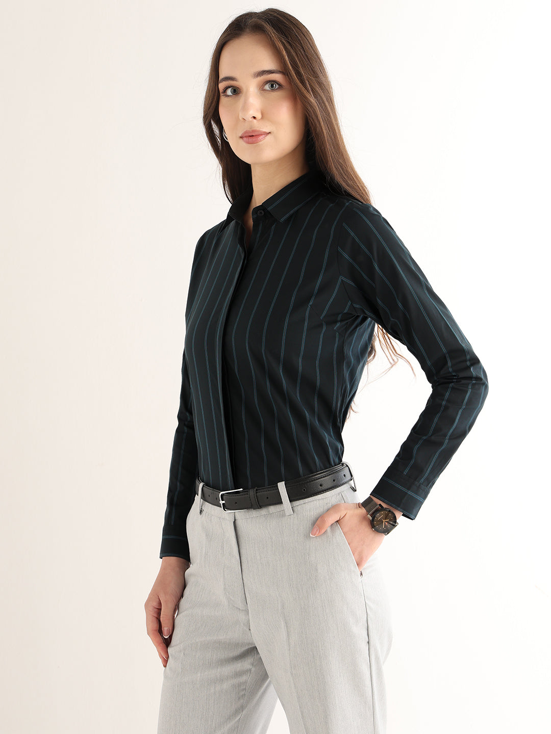 Hancock Women Navy Blue Striped Cotton Elastane Regular Fit Formal Shirt