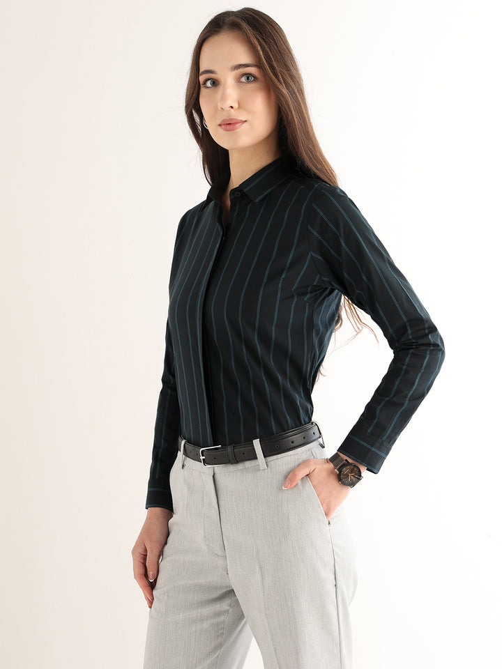 Hancock Women Navy Blue Striped Cotton Elastane Regular Fit Formal Shirt