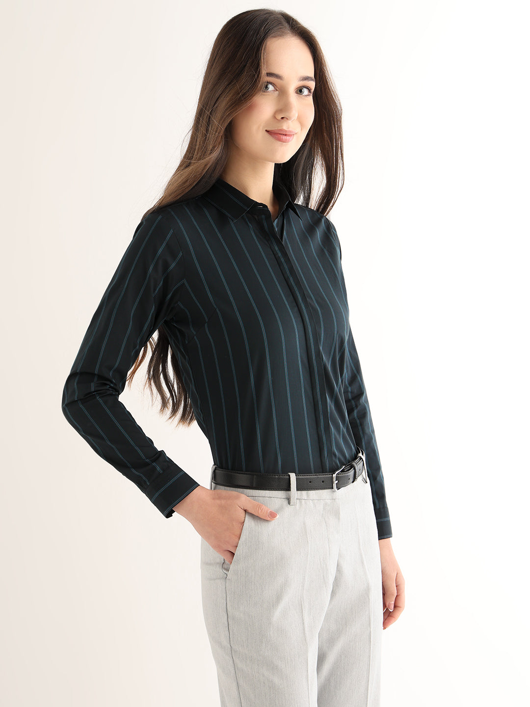 Hancock Women Navy Blue Striped Cotton Elastane Regular Fit Formal Shirt