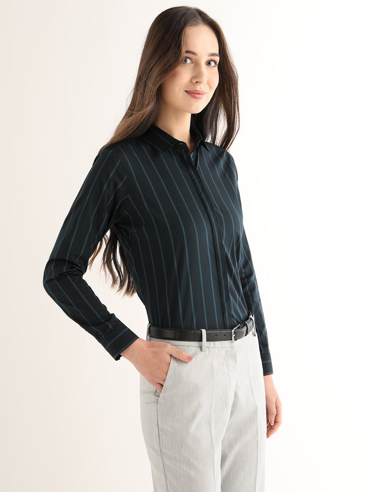 Hancock Women Navy Blue Striped Cotton Elastane Regular Fit Formal Shirt