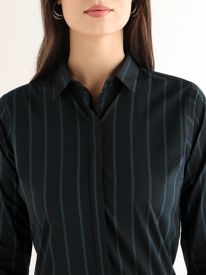 Hancock Women Navy Blue Striped Cotton Elastane Regular Fit Formal Shirt