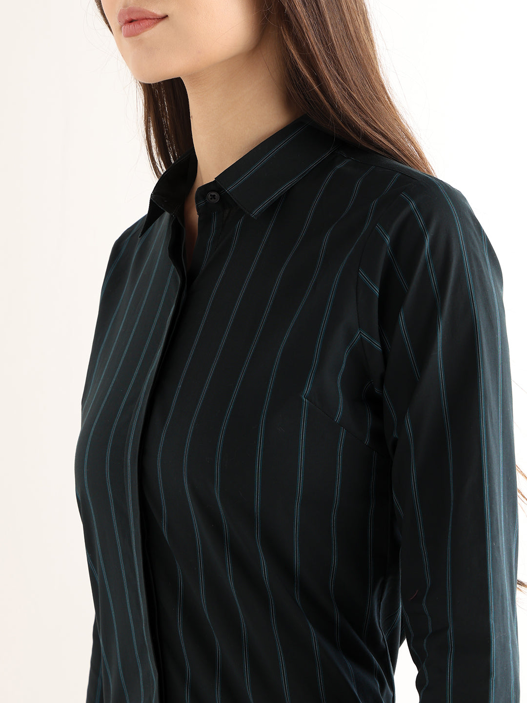 Hancock Women Navy Blue Striped Cotton Elastane Regular Fit Formal Shirt