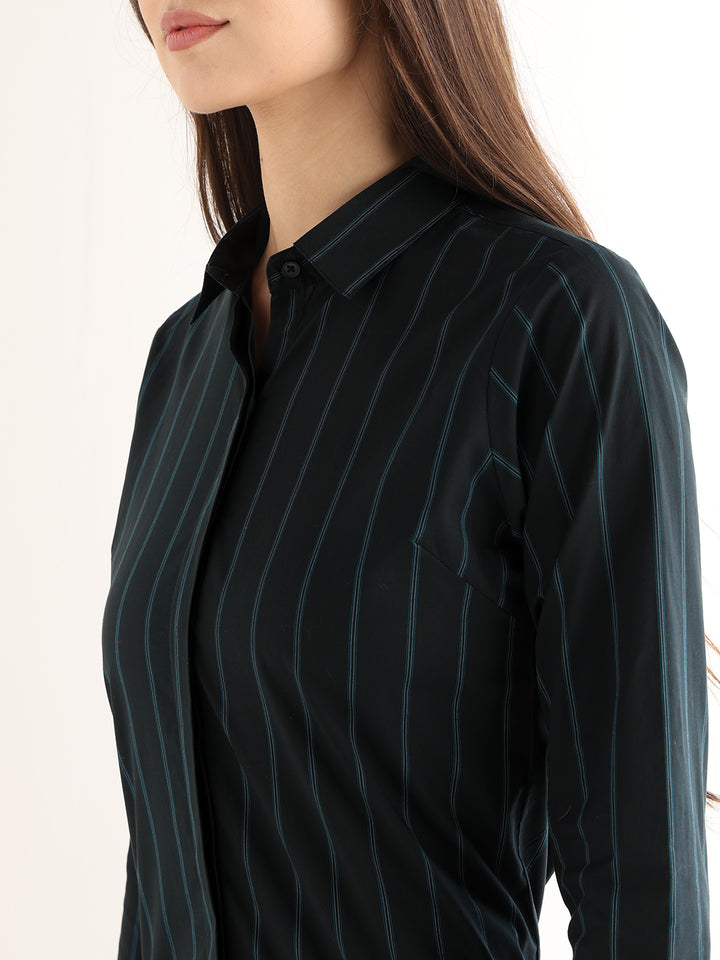 Hancock Women Navy Blue Striped Cotton Elastane Regular Fit Formal Shirt