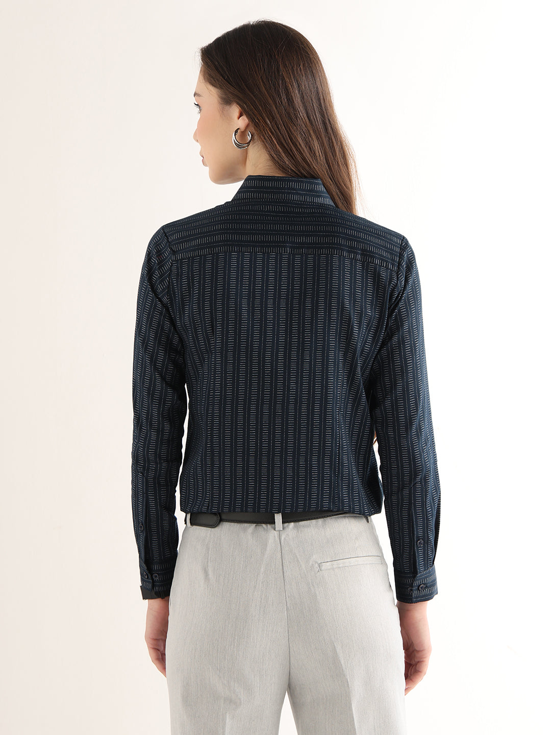Hancock Women Navy Blue Printed Pure Cotton Regular Fit Formal Shirt