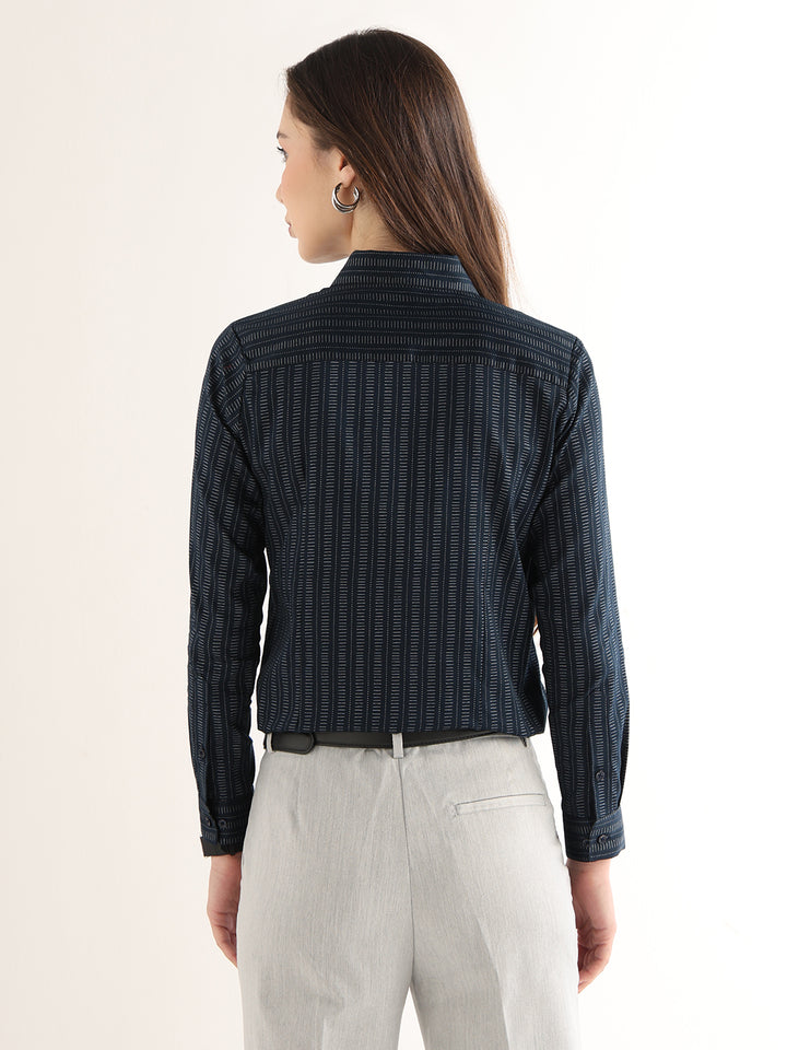 Hancock Women Navy Blue Printed Pure Cotton Regular Fit Formal Shirt