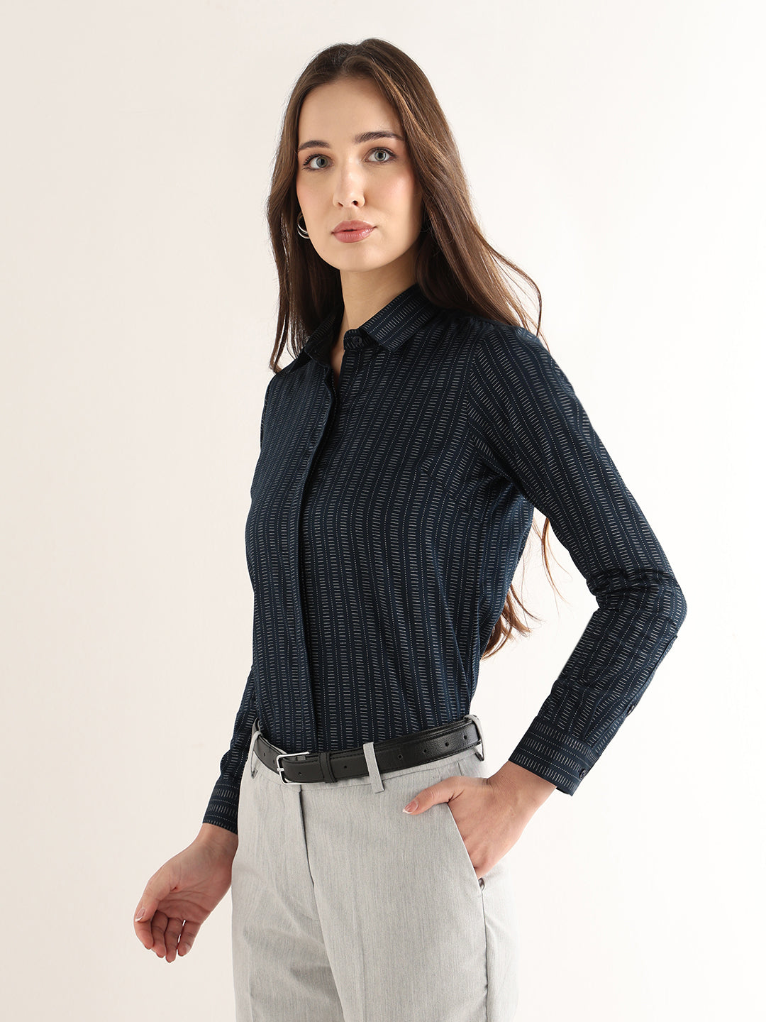 Hancock Women Navy Blue Printed Pure Cotton Regular Fit Formal Shirt