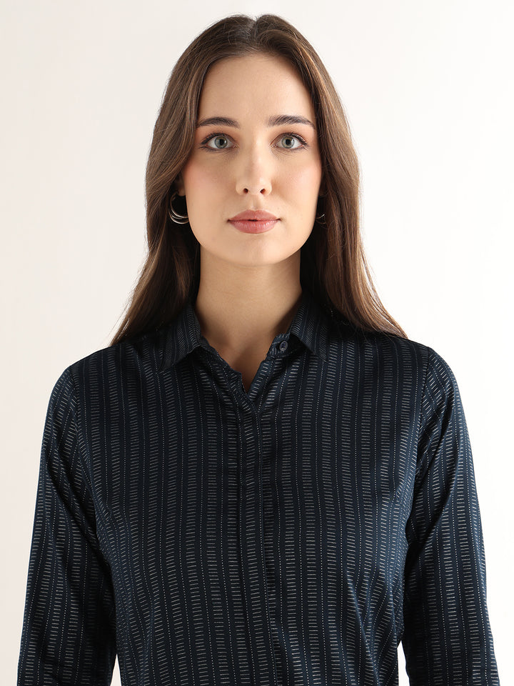 Hancock Women Navy Blue Printed Pure Cotton Regular Fit Formal Shirt