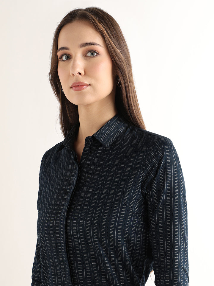 Hancock Women Navy Blue Printed Pure Cotton Regular Fit Formal Shirt