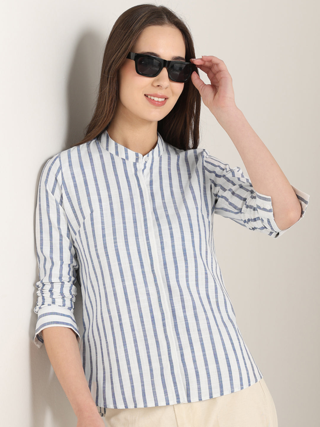 Hancock Women White & Blue Striped Pure Cotton Regular Fit Formal Shirt