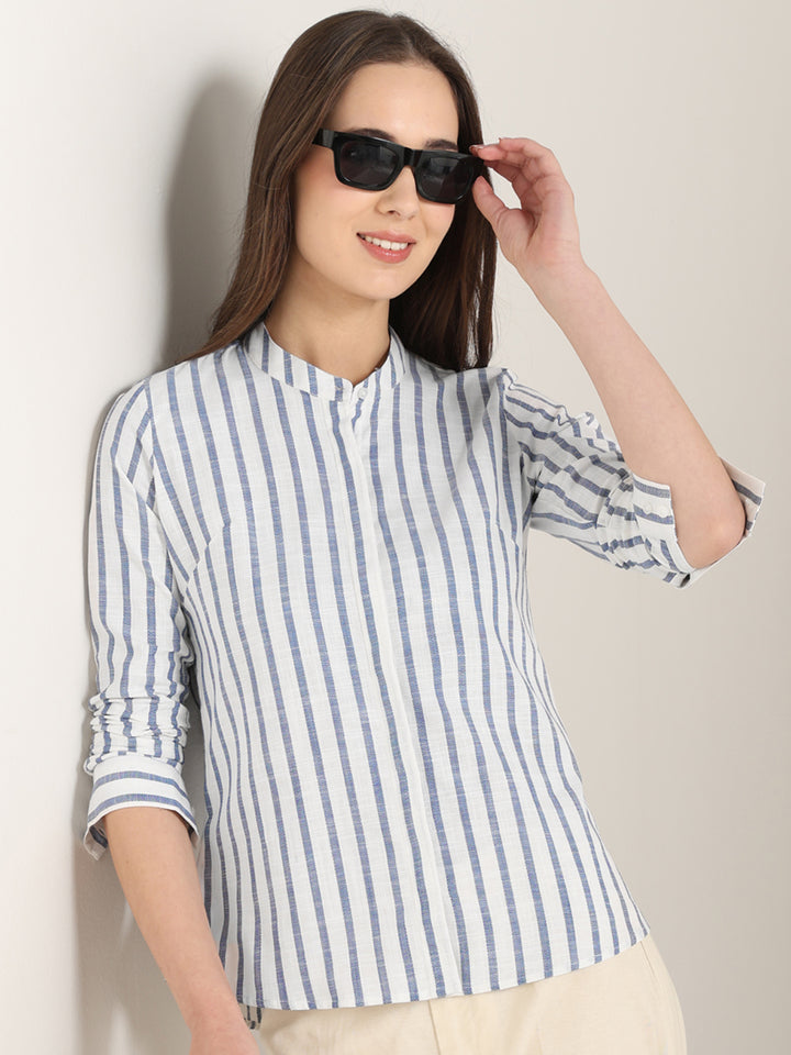 Hancock Women White & Blue Striped Pure Cotton Regular Fit Formal Shirt