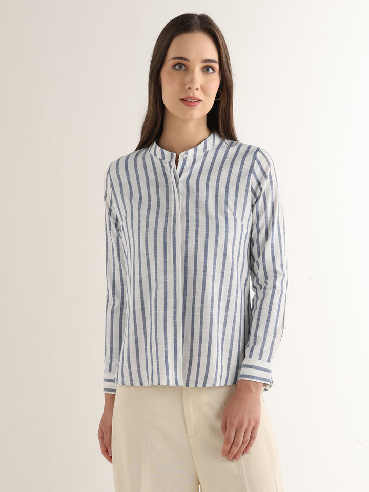 Hancock Women White & Blue Striped Pure Cotton Regular Fit Formal Shirt