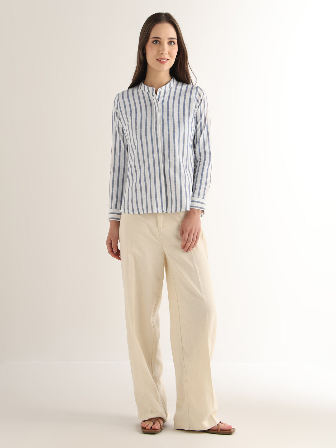 Hancock Women White & Blue Striped Pure Cotton Regular Fit Formal Shirt