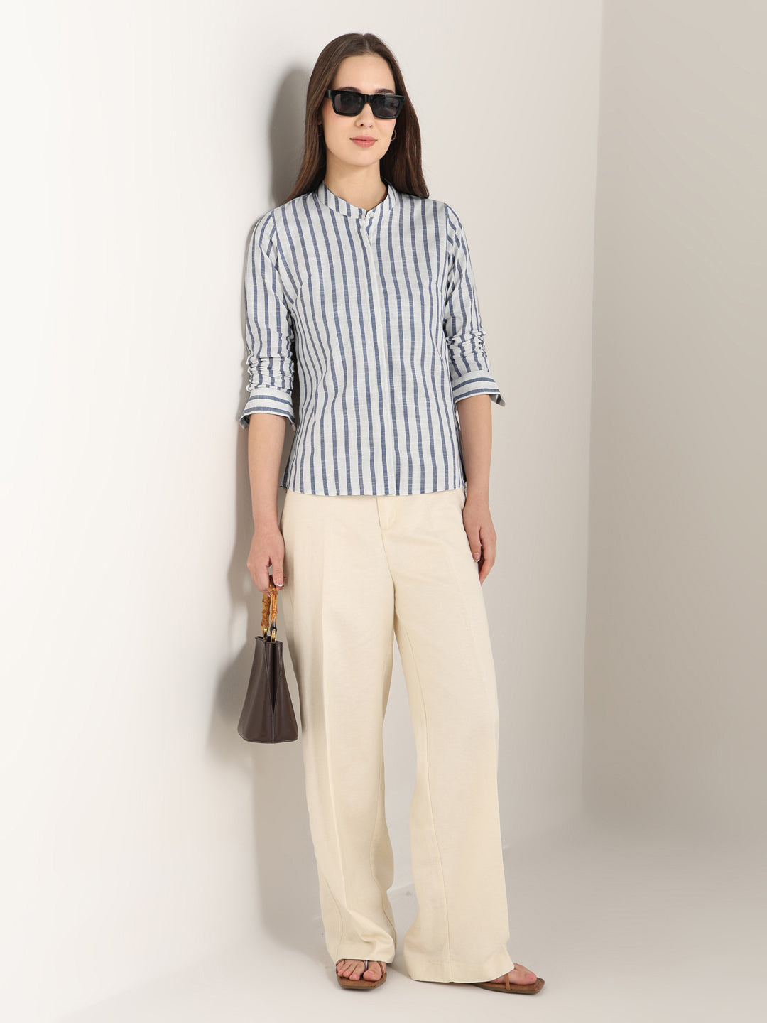 Hancock Women White & Blue Striped Pure Cotton Regular Fit Formal Shirt