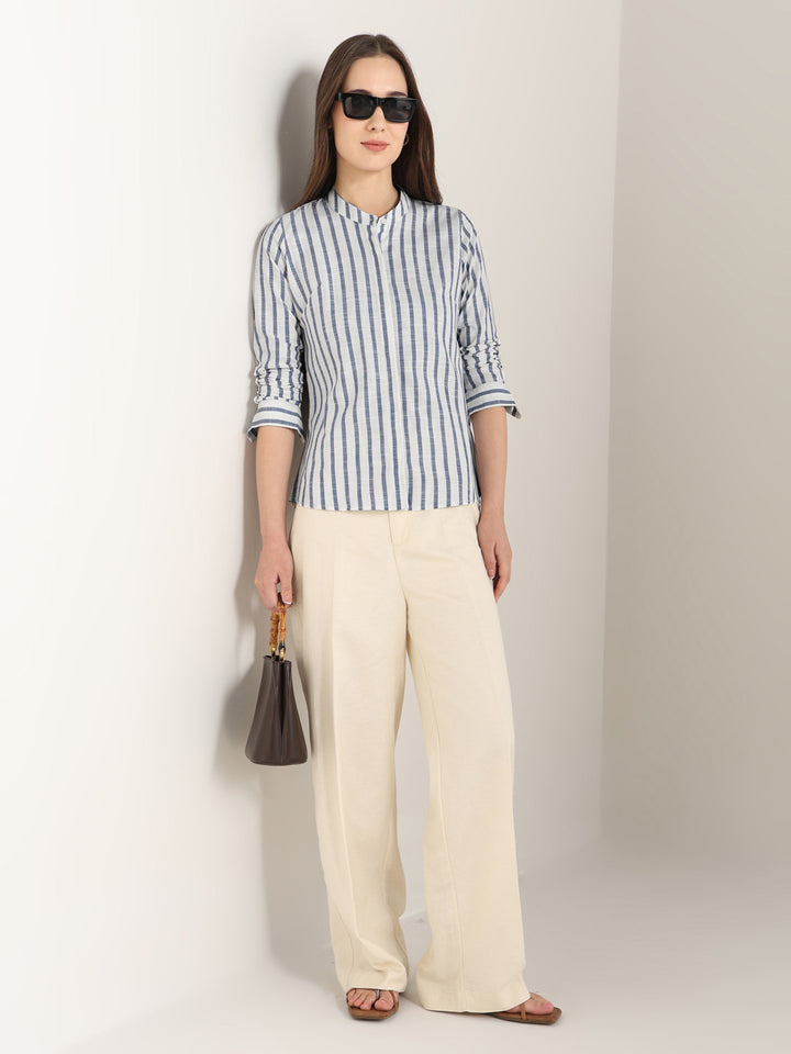 Hancock Women White & Blue Striped Pure Cotton Regular Fit Formal Shirt