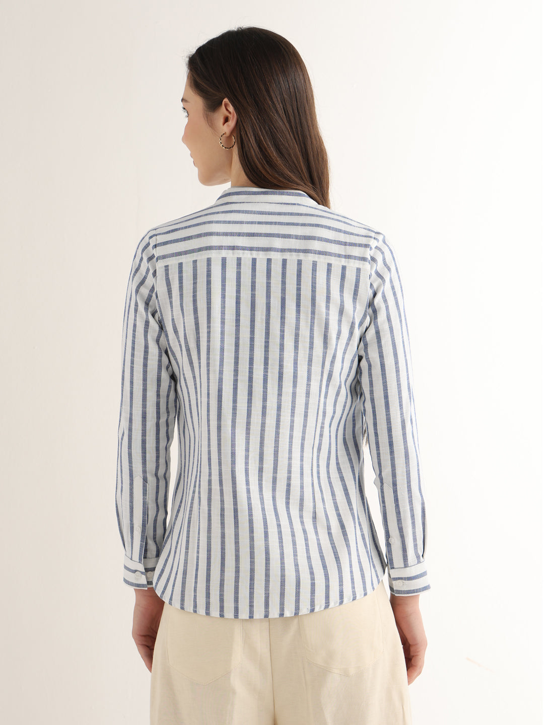 Hancock Women White & Blue Striped Pure Cotton Regular Fit Formal Shirt