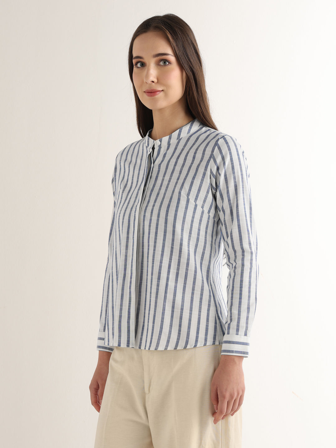 Hancock Women White & Blue Striped Pure Cotton Regular Fit Formal Shirt