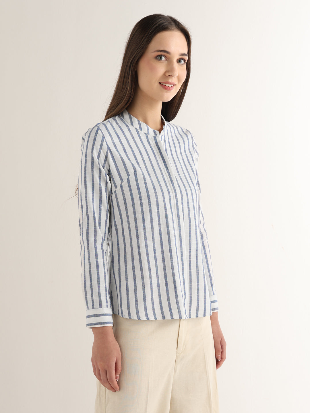 Hancock Women White & Blue Striped Pure Cotton Regular Fit Formal Shirt