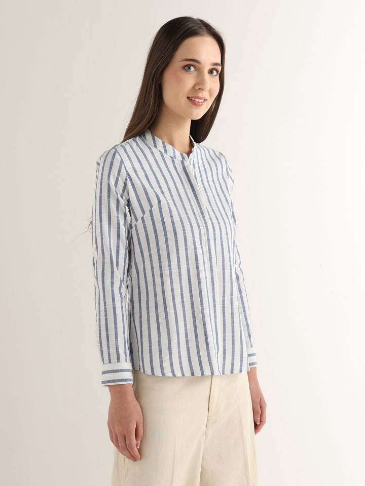 Hancock Women White & Blue Striped Pure Cotton Regular Fit Formal Shirt