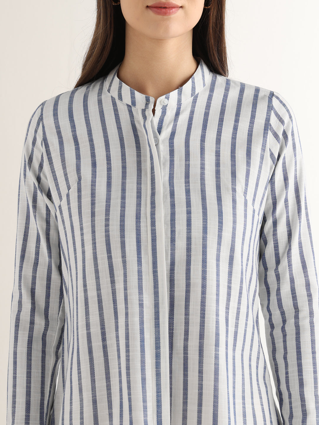 Hancock Women White & Blue Striped Pure Cotton Regular Fit Formal Shirt