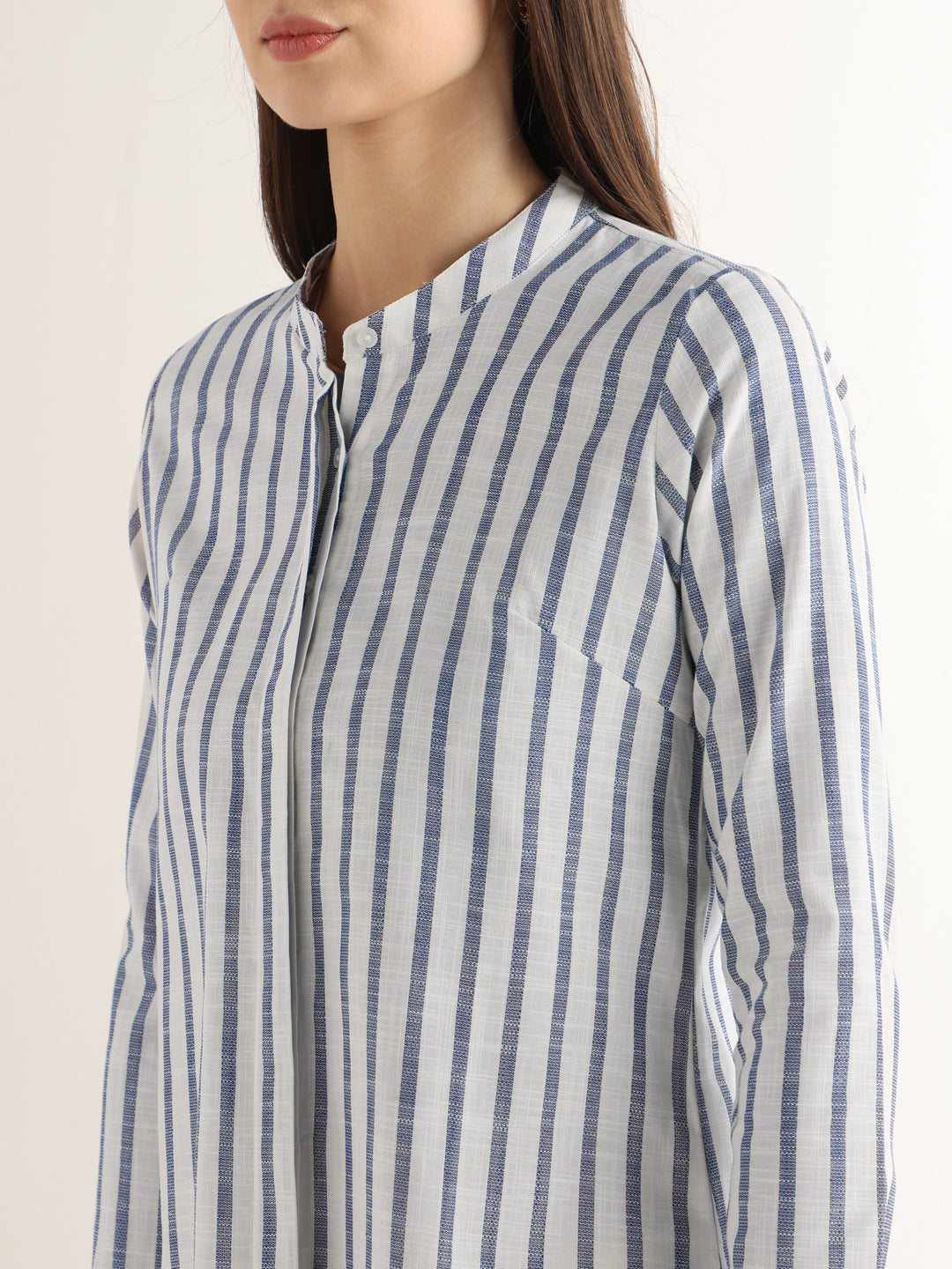 Hancock Women White & Blue Striped Pure Cotton Regular Fit Formal Shirt