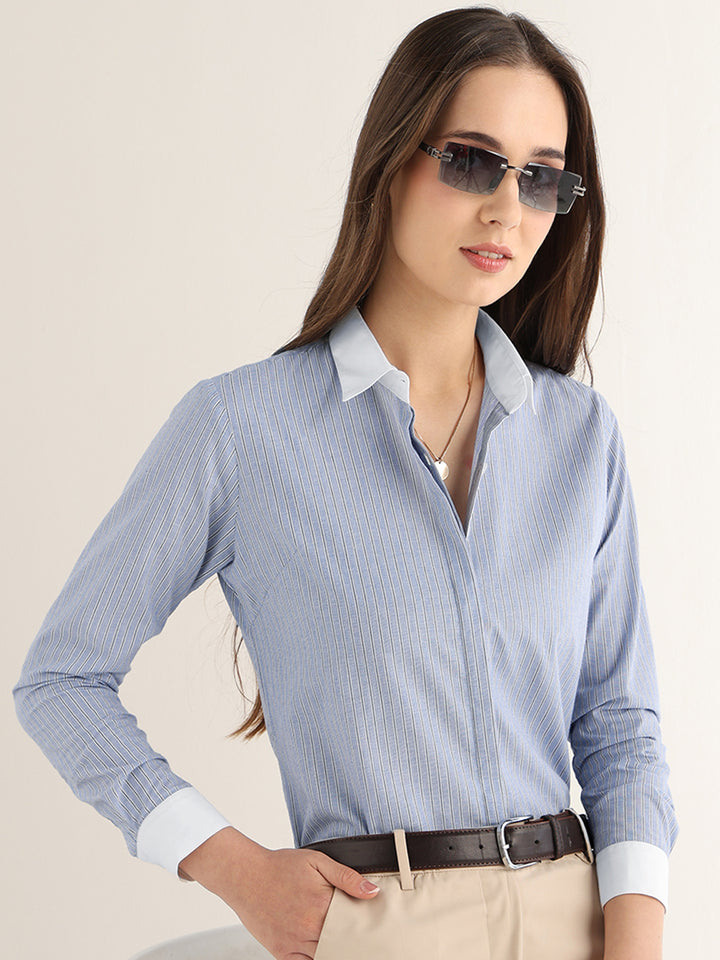 Hancock Women Blue Striped Pure Cotton Regular Fit Formal Shirt