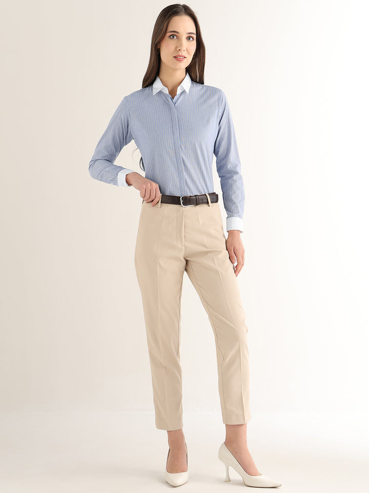 Hancock Women Blue Striped Pure Cotton Regular Fit Formal Shirt