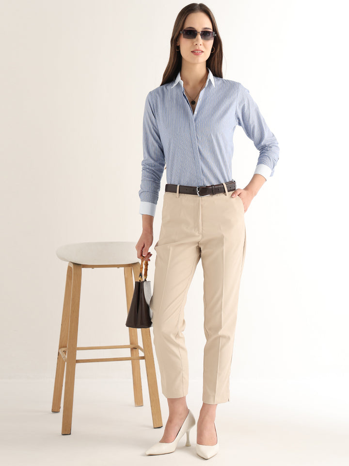 Hancock Women Blue Striped Pure Cotton Regular Fit Formal Shirt